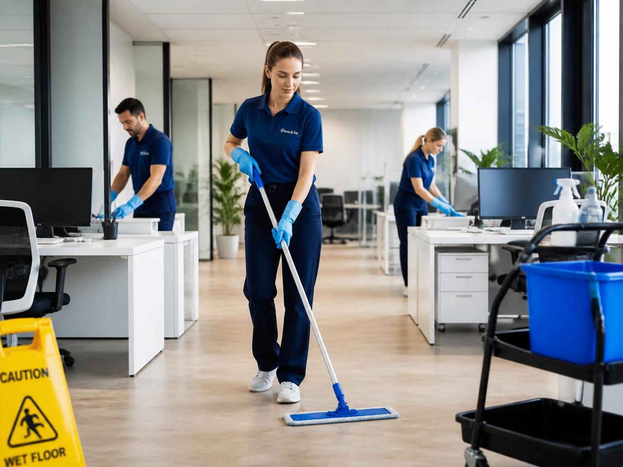 Uniformed cleaning team vacuuming and sanitizing a modern office