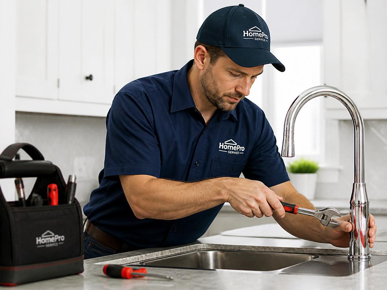 Maintenance technician repairing a bathroom faucet