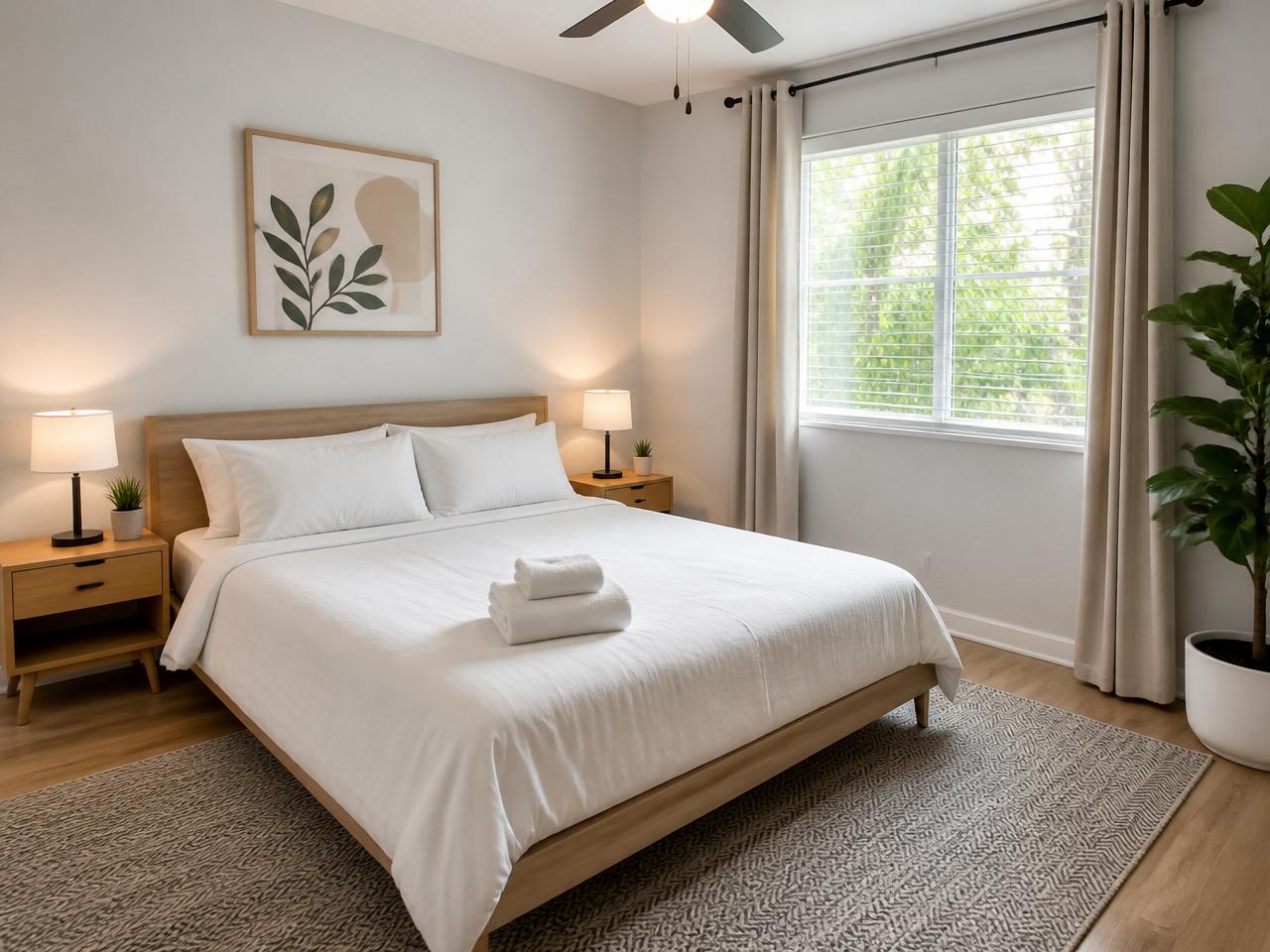 Immaculate, freshly staged rental bedroom ready for guests