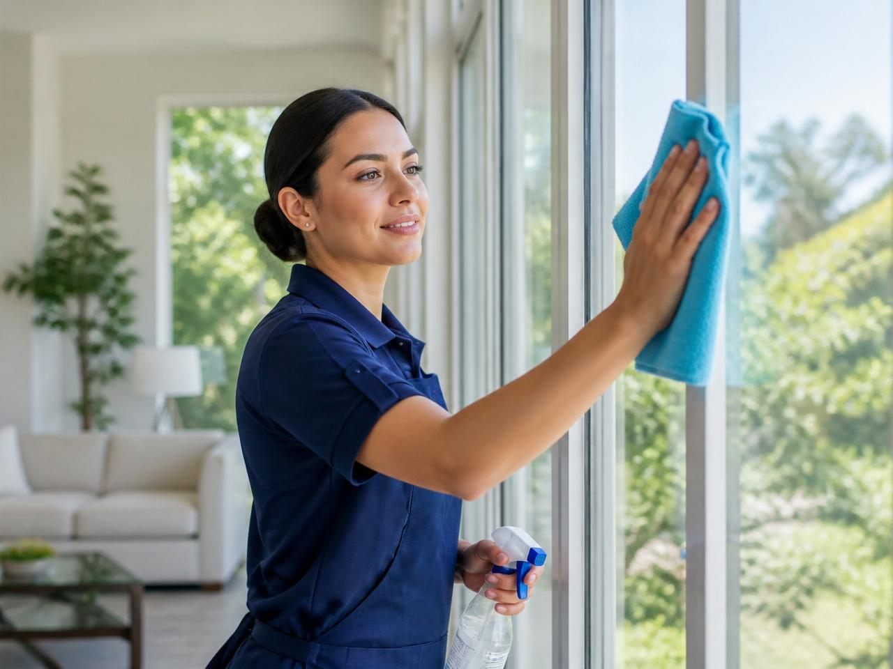 Professional cleaner wiping a window in a bright, modern living room